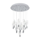 Alemdina 15 light pendant in chrome, with clear glass rods on individual suspensions cascading in staggered heights from a round chrome ceiling canopy, shown on a plain white background.