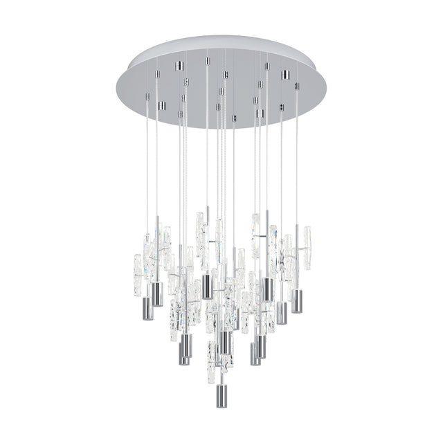 Alemdina 15 light pendant in chrome, with clear glass rods on individual suspensions cascading in staggered heights from a round chrome ceiling canopy, shown on a plain white background.