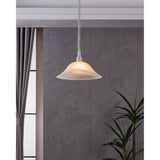 Alessandra Glass Pendant Light in White, a rise-and-fall pendant with a wide bell-shaped alabaster glass shade and marbled swirls, on a coiled cord.