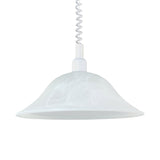 Alessandra Glass Pendant Light in white, a rise-and-fall fixture with a wide bell-shaped alabaster glass shade with marbled swirls, white coiled cord and ceiling cup, on a plain white background.