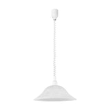 Alessandra single-light pendant with wide bell-shaped white alabaster glass shade, white plastic ceiling cup and coiled cord, shown on a plain white background.