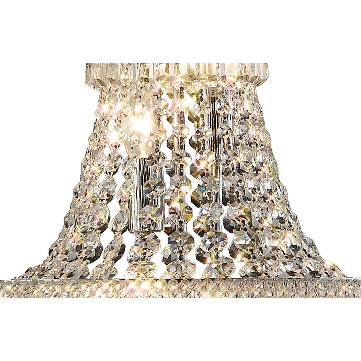 Close-up of the Alexandra 6 Light Crystal Floor Lamp in polished chrome, featuring cascading faceted crystals that reflect and refract light to create a dazzling ambient glow in any space.