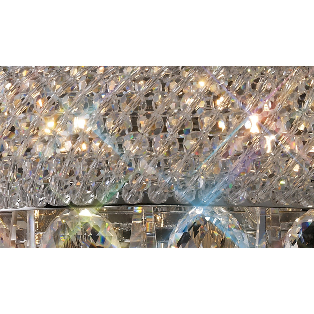 Close-up of the Alexandra 6 Light Crystal Floor Lamp in polished chrome, featuring intricate crystal patterns and ambient lighting that reflects and refracts colorful light for a shimmering, prism-like effect.