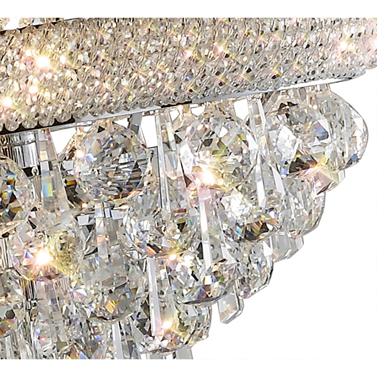 Close-up of the Alexandra 6 Light Crystal Floor Lamp in polished chrome, featuring sparkling faceted prisms that reflect and scatter light for a rainbow effect, luxurious ambiance, and enhanced elegance.