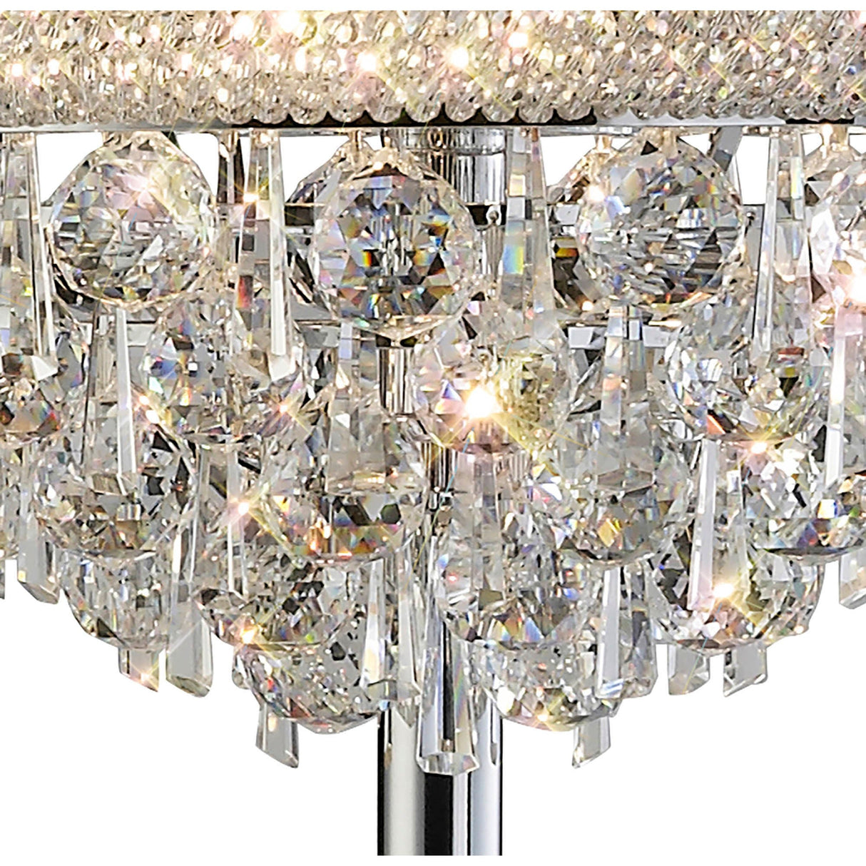Close-up of the Alexandra 6 Light Crystal Floor Lamp in polished chrome, featuring round and rectangular crystals that reflect and refract light for sparkling, colorful highlights.