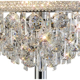 Close-up of the Alexandra 6 Light Crystal Floor Lamp in polished chrome, featuring round and rectangular crystals that reflect and refract light for sparkling, colorful highlights.