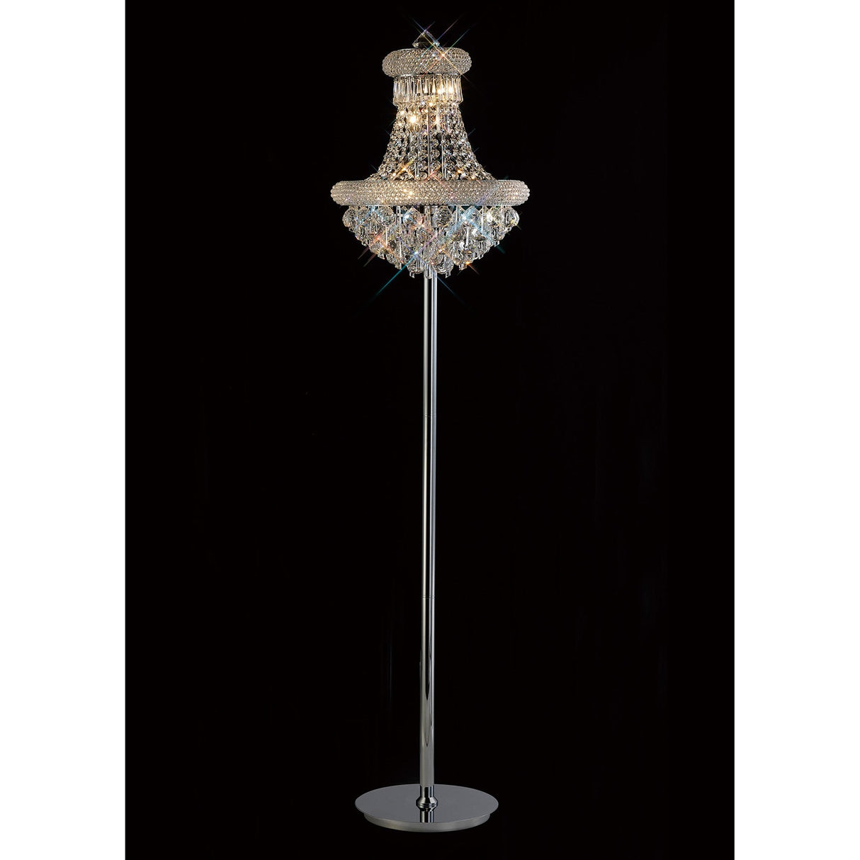 The Alexandra 6 Light Crystal Floor Lamp in polished chrome features a sparkling chandelier-style shade, casting elegant ambient light against a black background.