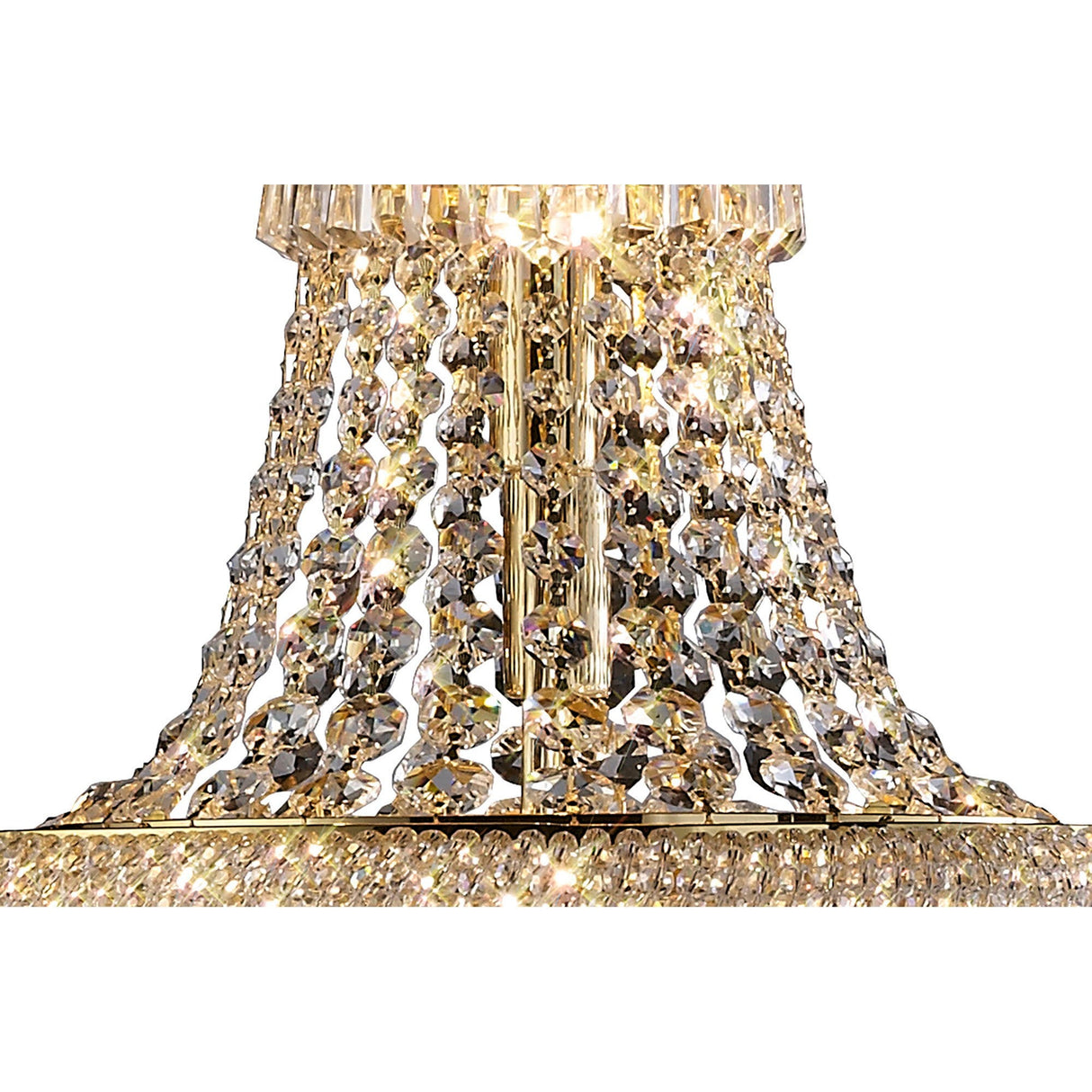 Close-up of the Alexandra 6 Light Crystal Floor Lamp in gold, featuring luxurious Asfour crystals arranged in multiple sparkling rows, reflecting light elegantly in a cascading design.