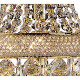 Close-up of the Alexandra 6 Light Crystal Floor Lamp in gold, featuring rows of sparkling prisms and beads that reflect light beautifully, with a luxurious gold metal frame.