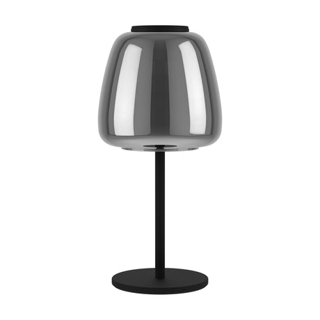 Alfero Smart LED Table Lamp with a domed, mirrored smoky-chrome glass shade on a slim black steel stem and round base, shown unlit on a plain white background.