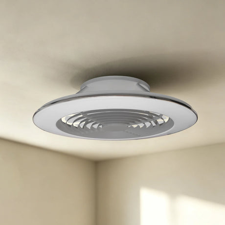 Alisio 73.5cm ceiling fan with integrated LED light, round silver and white fan blade design mounted flush on a neutral ceiling.