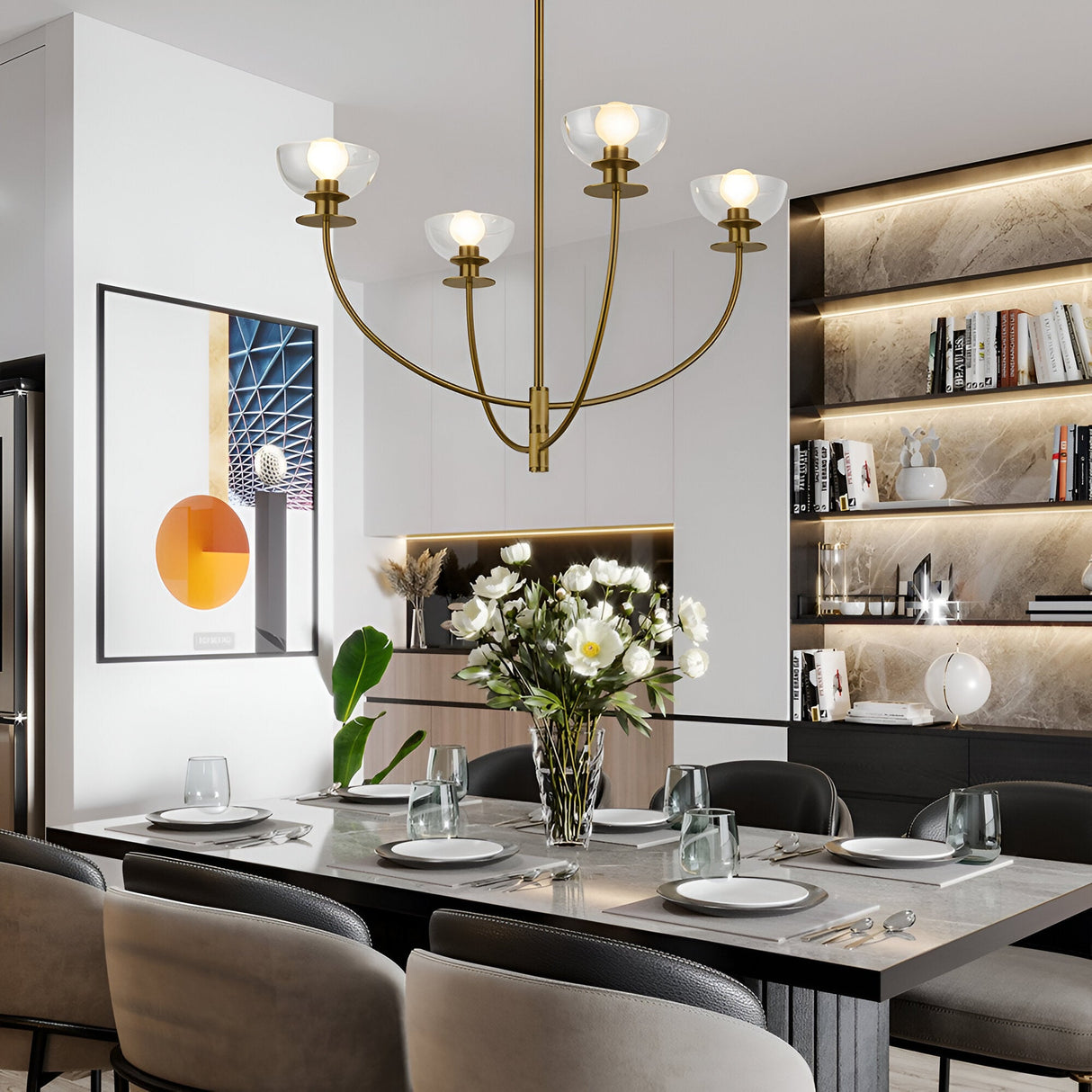 Sylvia 4 Light Glass Chandelier - Brushed Gold