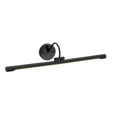 The Alton 1 Light Large LED Picture Light in black offers a sleek, modern design with a black finish. It features a long horizontal bar and round base connected by an adjustable design, complete with a gracefully curved arm for wall mounting.