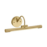 The Alton 1 Light Small LED Picture Light in brushed brass features a gold-colored, wall-mounted design with a cylindrical horizontal lamp and circular base. Its sleek modern aesthetic is enhanced by a curved arm that connects the base to the fixture, making it perfect for illuminating artwork and highlighting photos.