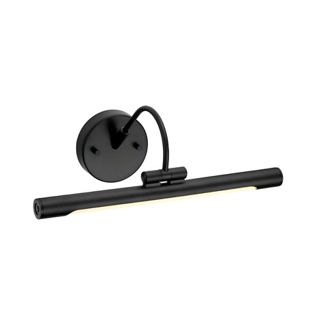 The Alton 1 Light Small LED Picture Light in black boasts a sleek, cylindrical bar and round base, specifically designed for art illumination. Its elegantly curved, minimalistic style enhances the beauty of any artwork or photo it highlights.