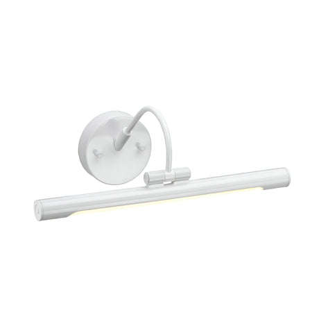 The Alton 1 Light Small LED Picture Light - White boasts a sleek, modern cylindrical design with an adjustable arm. This energy-efficient light comes in a white finish and is mounted on a round base, making it ideal for illuminating artwork or any space requiring focused lighting.