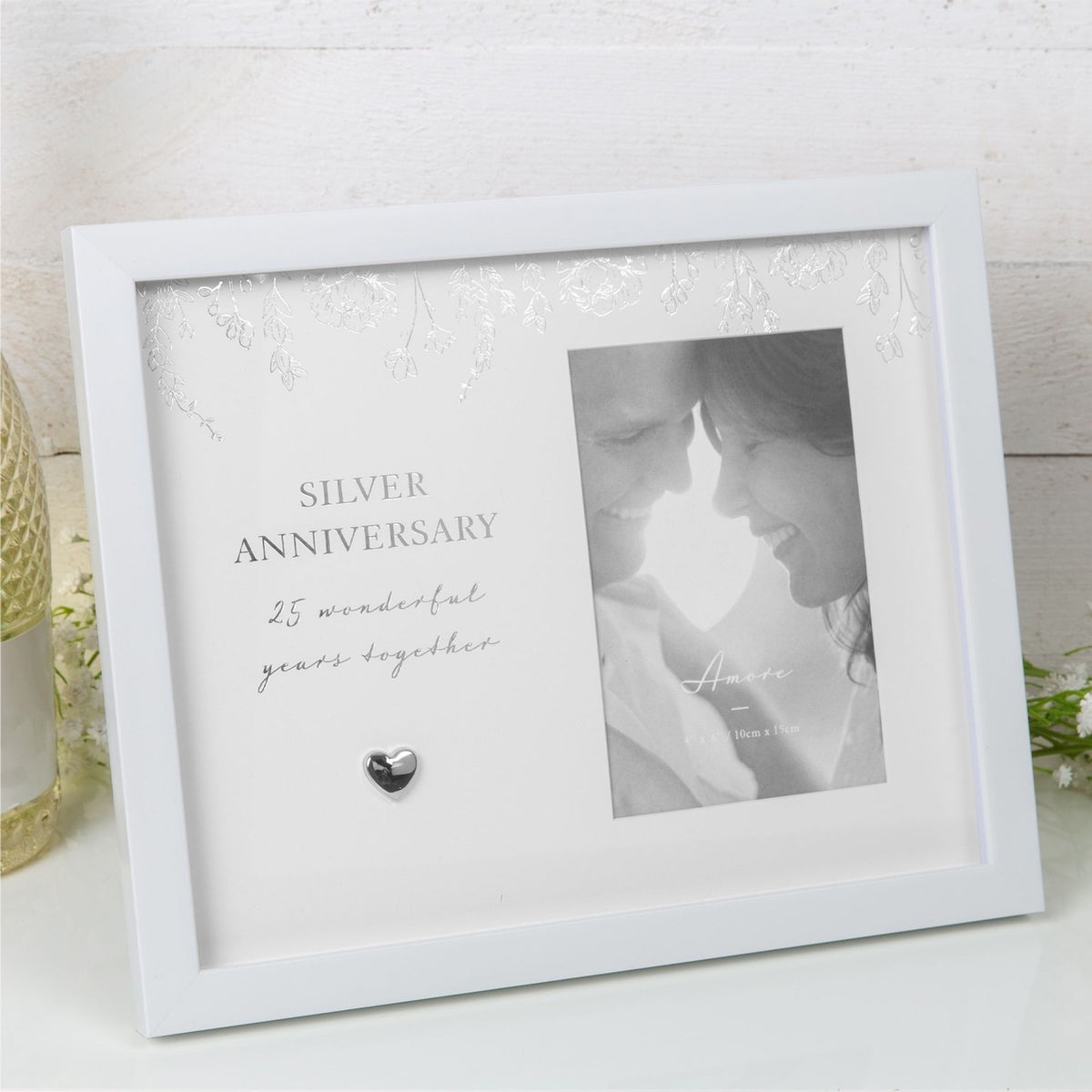 Silver Anniversary Floral MDF Photo Frame 6 x 4in - White