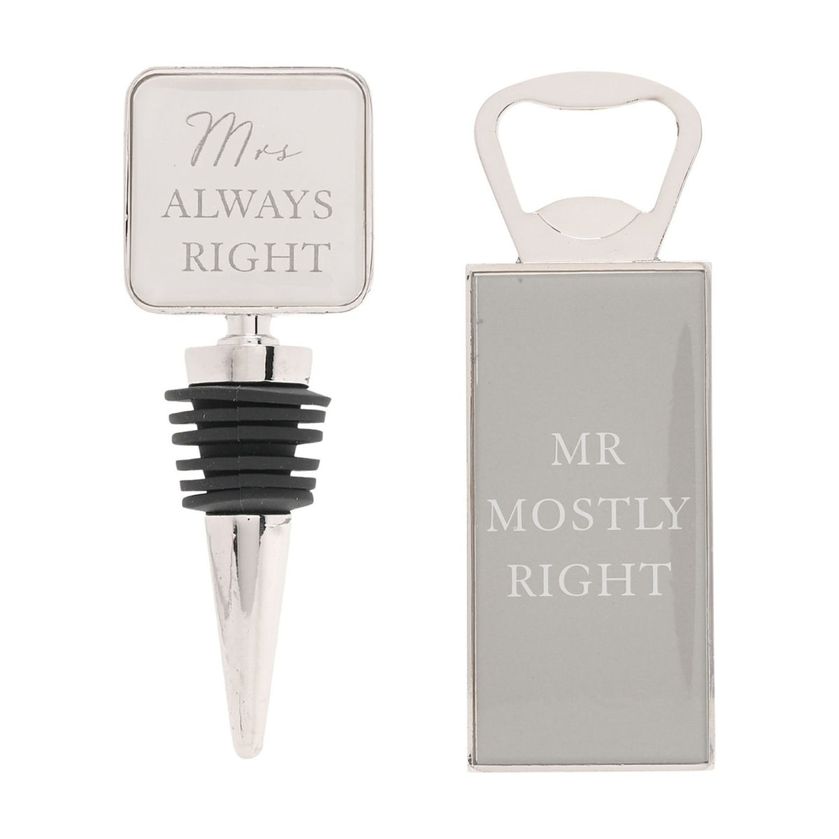 Mr & Mrs Steel Bottle Stop and Crown Cap Opener Set - Silver