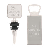 Mr & Mrs Steel Bottle Stop and Crown Cap Opener Set - Silver