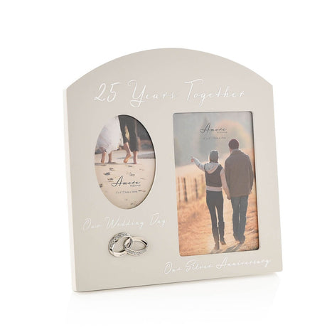 Arched double MDF photo frame in matt grey, with "25 Years Together" script, an oval opening over "Our Wedding Day" with linked silver-tone rings, and a rectangular opening for a couple's photo.