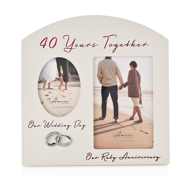 Grey MDF arched double photo frame reading 40 Years Together in red script, with oval and rectangular openings for wedding and ruby anniversary photos, accented with silver-tone interlinked rings.