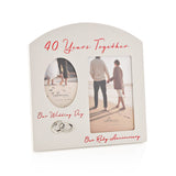 Grey MDF arched double photo frame with oval and rectangular openings, "40 Years Together" in red script, "Our Wedding Day" and "Our Ruby Anniversary" text, and silver interlinked rings detail.