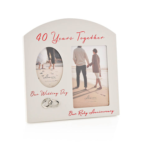 Grey MDF arched double photo frame with oval and rectangular openings, "40 Years Together" in red script, "Our Wedding Day" and "Our Ruby Anniversary" text, and silver interlinked rings detail.