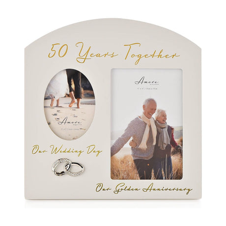 Arched matt grey MDF double photo frame featuring "50 Years Together" gold script, an oval and rectangular photo opening, and a diamanté interlocking rings accent.
