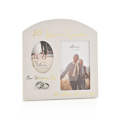 Arched matt grey MDF double photo frame with gold 50 Years Together script, an oval opening for a wedding photo, a rectangular opening for a couple's portrait, and a silver interlocking rings accent.