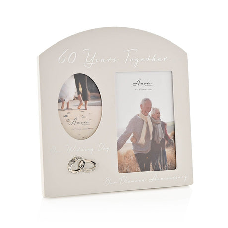 Arched grey MDF double photo frame with "60 Years Together" script, an oval left opening and rectangular right opening holding wedding and couple photos, plus a diamanté ring motif below.