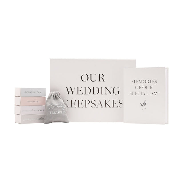 Grey rectangular wedding keepsake box set with four labelled slide-out boxes, a drawstring pouch, and a Memories of Our Special Day hardcover book on a white background.