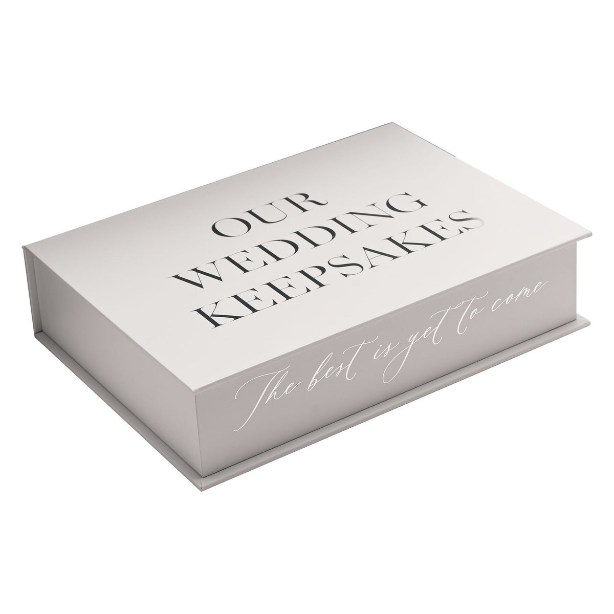 Rectangular grey wedding keepsake box with "Our Wedding Keepsakes" on the lid and "The best is yet to come" script on the front edge, shown closed on a white background.