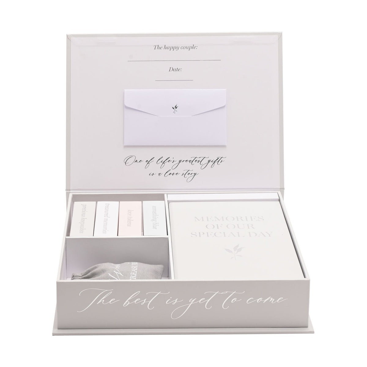 Grey wedding keepsake box, white-lined, with a Memories of Our Special Day book, labelled slide-out boxes, envelope, pouch, and The best is yet to come script on the front edge.