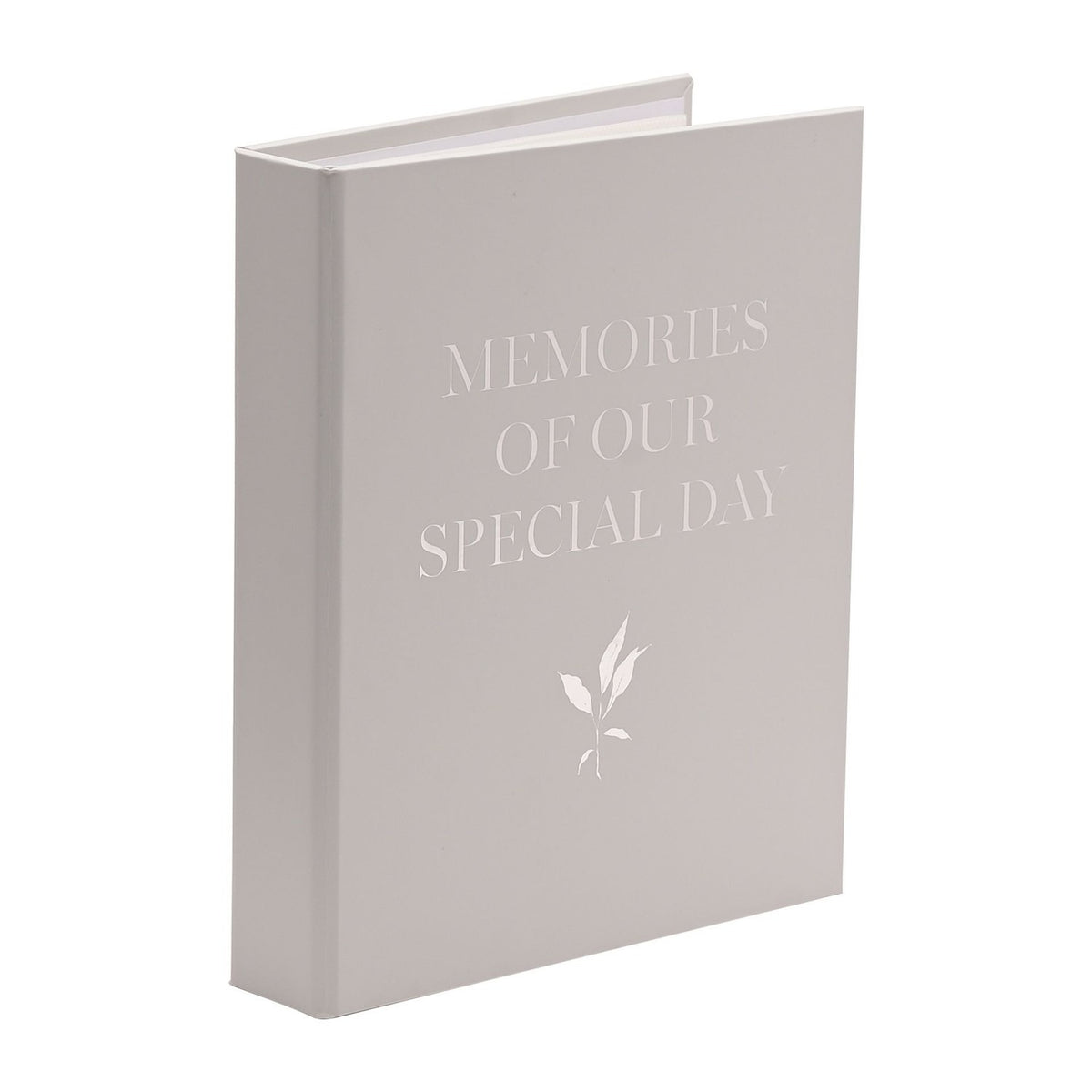 Grey rectangular wedding memory book with embossed "Memories of Our Special Day" text and a leaf motif on the cover, shown against a plain white background.