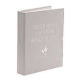 Grey rectangular wedding memory book with embossed "Memories of Our Special Day" text and a leaf motif on the cover, shown against a plain white background.