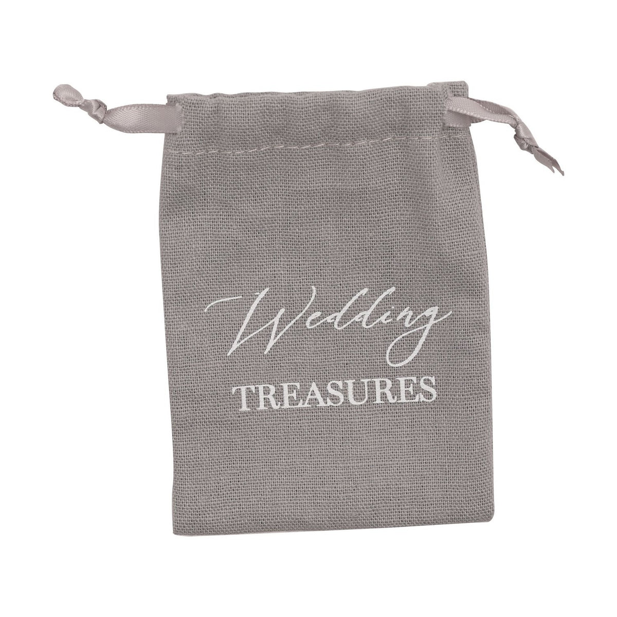 Grey fabric drawstring pouch from the Wedding Memories Keepsake Box set, printed with "Wedding Treasures" in white script and satin ribbon ties, shown on a plain white background.