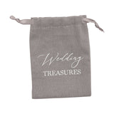 Grey fabric drawstring pouch from the Wedding Memories Keepsake Box set, printed with "Wedding Treasures" in white script and satin ribbon ties, shown on a plain white background.