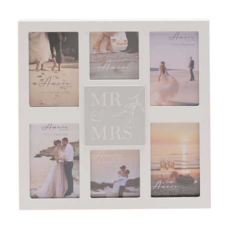 White MDF square multi aperture photo frame with six wedding photo openings around a raised light grey "MR & MRS" centre panel with silver leaf detail.