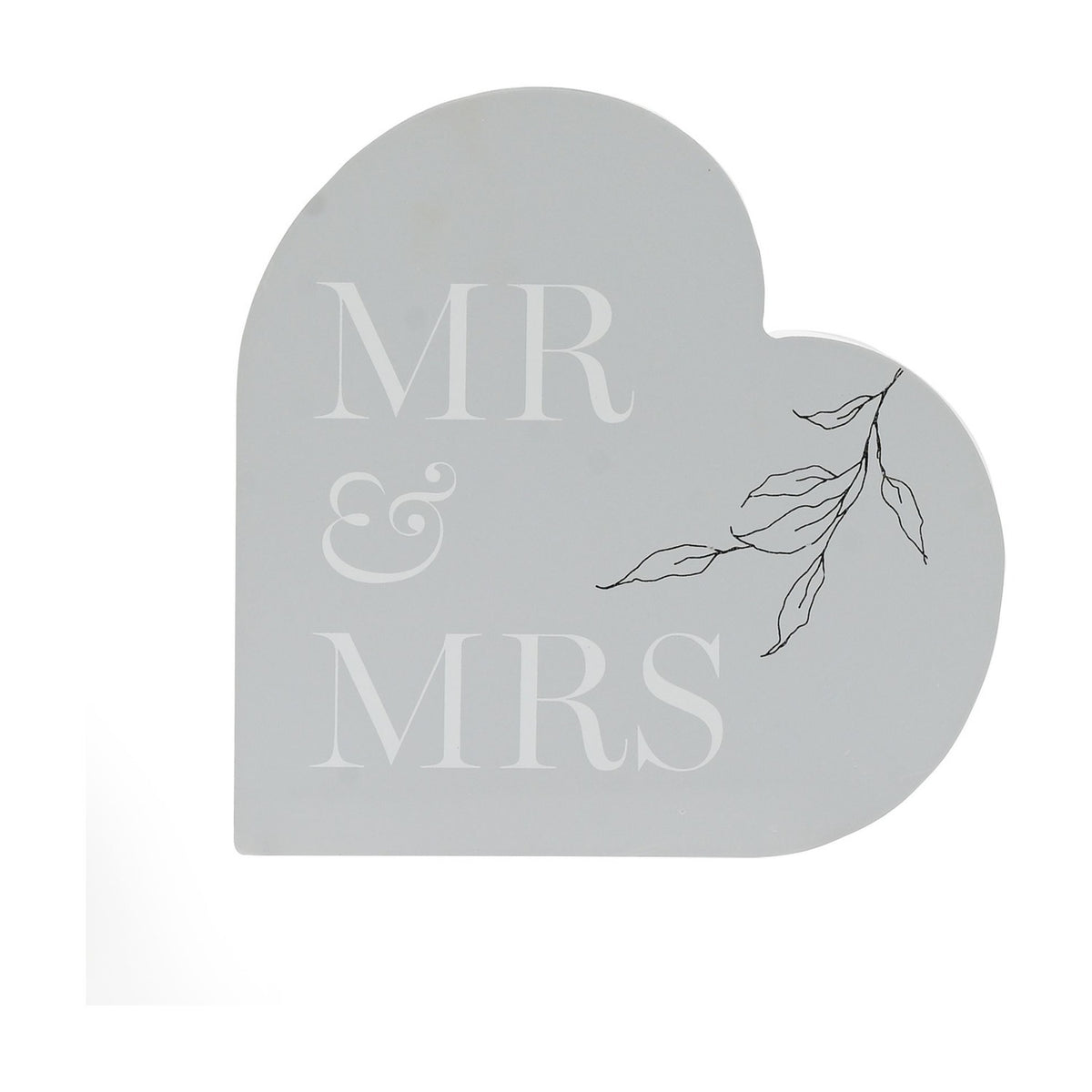 Mr & Mrs Heart MDF Mantel Plaque with Leaf Sprig - Grey