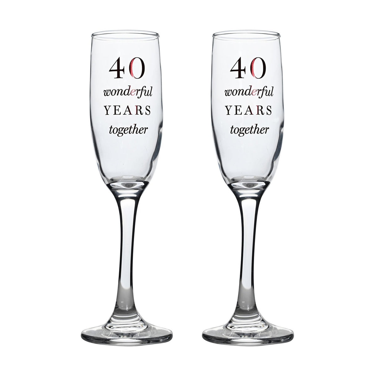 40th Anniversary Set of 2 Glass Champagne Flutes - Clear & Red