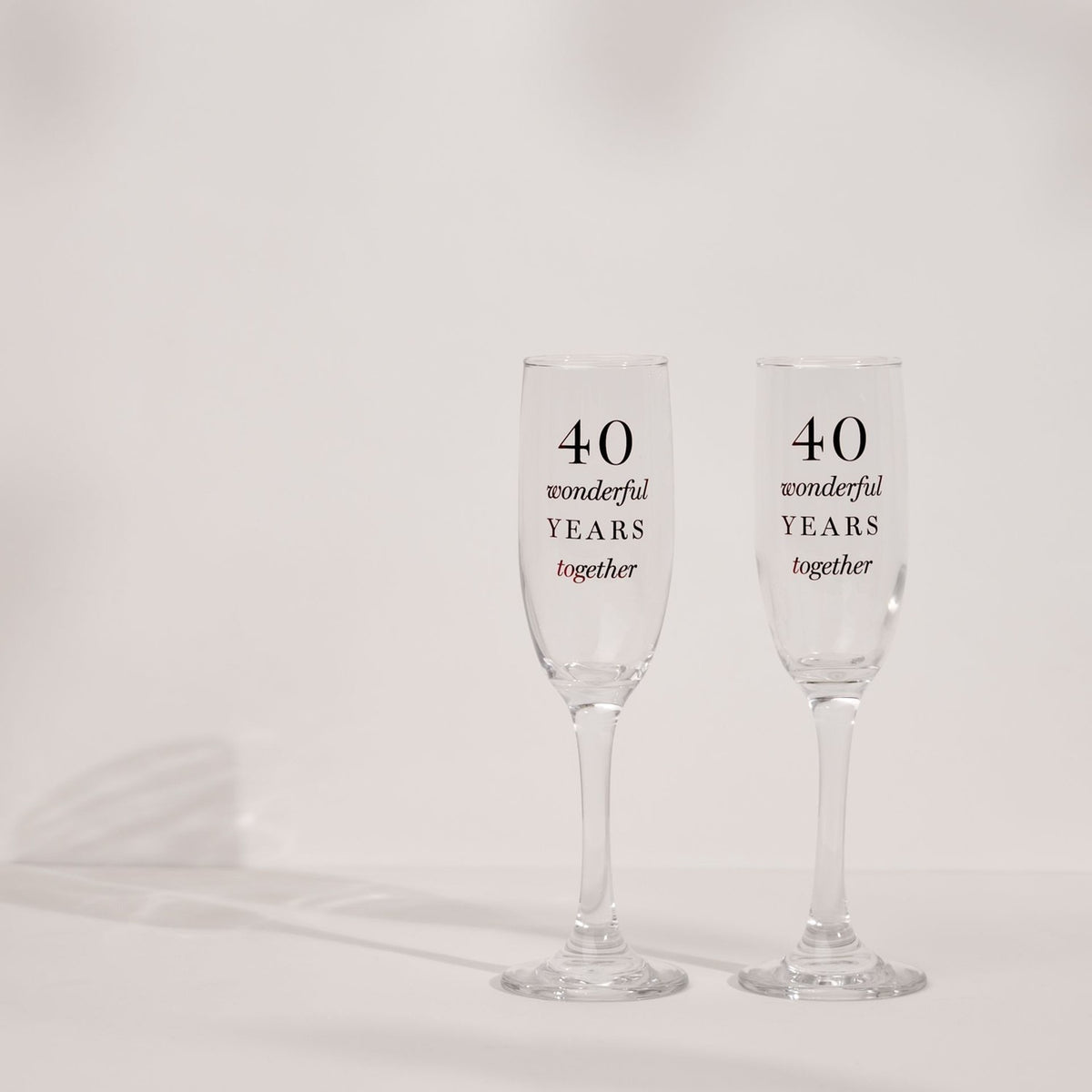40th Anniversary Set of 2 Glass Champagne Flutes - Clear & Red