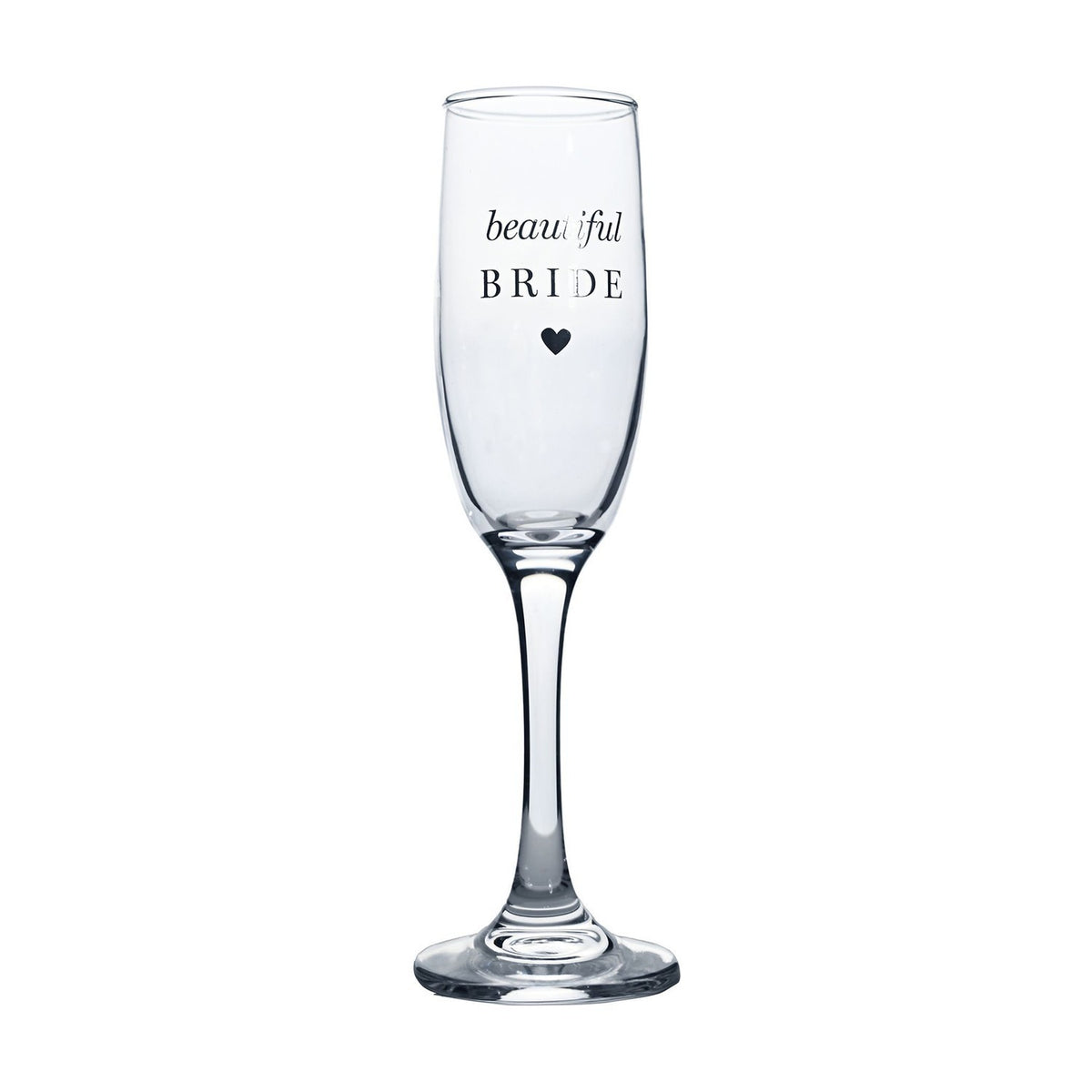 Clear glass champagne flute with tall slender bowl and long stem, printed "beautiful BRIDE" in silver script and capitals above a small heart, shown on a plain white background.