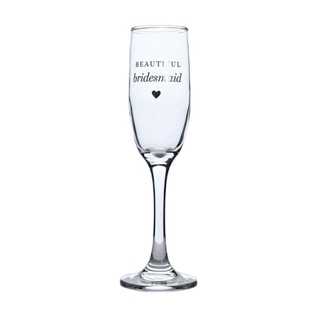 Clear glass champagne flute with a tall slender bowl, long stem, and round foot, printed with "BEAUTIFUL bridesmaid" and a small heart, shown on a plain white background.