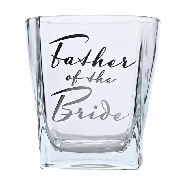 Clear square glass whisky tumbler with thick base, "Father of the Bride" in flowing silver and black script, shown on a plain white background.