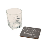 Clear square glass whisky tumbler with "Father of the Bride" in silver script, paired with a grey coaster reading "It takes a Great Man to be a Father like you", on a plain white background.