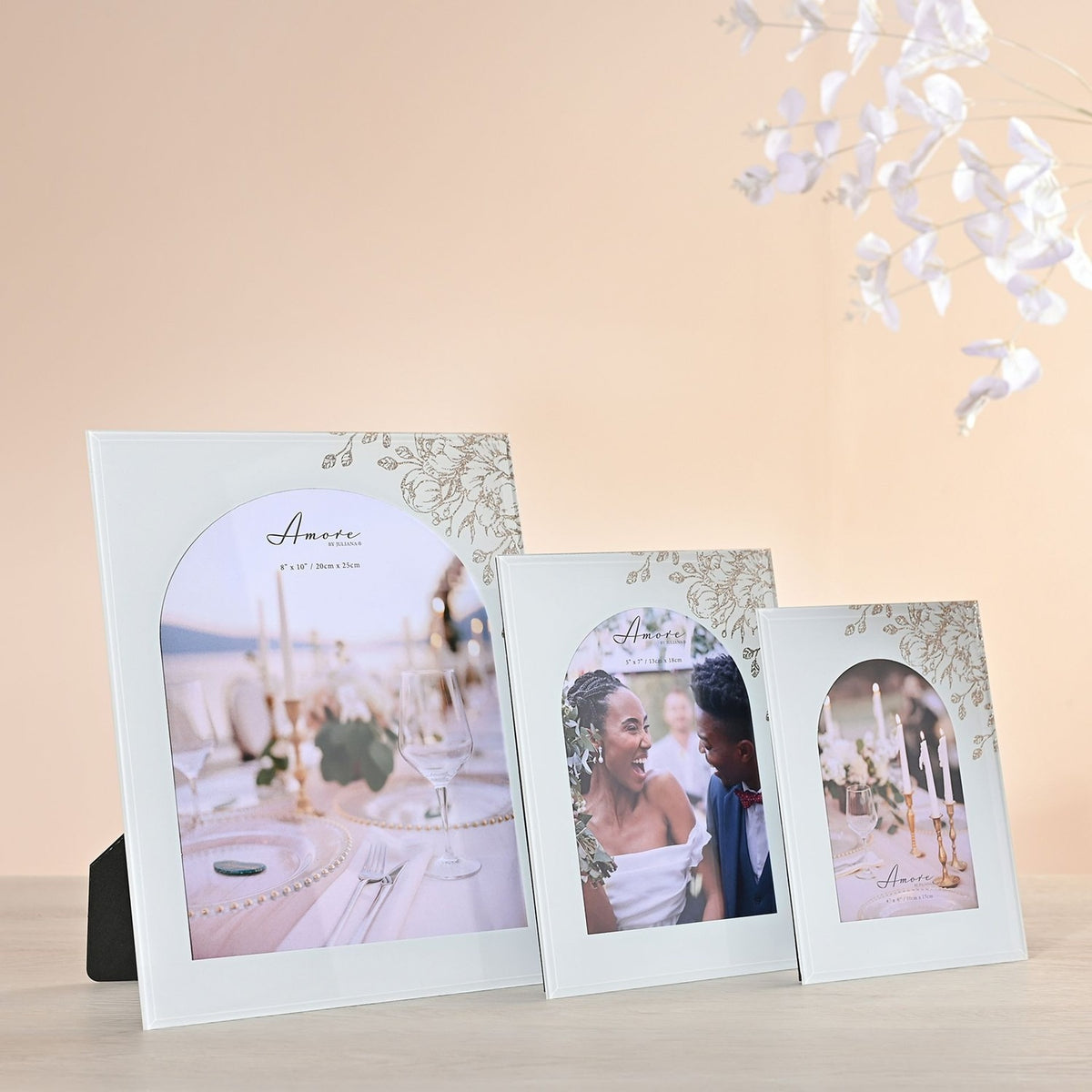 Floral Glass Arch Portrait Photo Frame with Easel - White