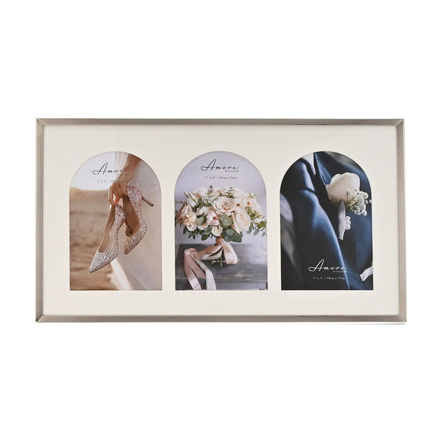 Triple metal photo frame in silver with a cream mount featuring three arch-topped windows for 6 x 4in photos, shown on a plain white background.