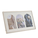 Triple metal photo frame with arch mounts, 6 x 4in, in a shiny silver finish with a cream mount, shown at an angle on a white background.
