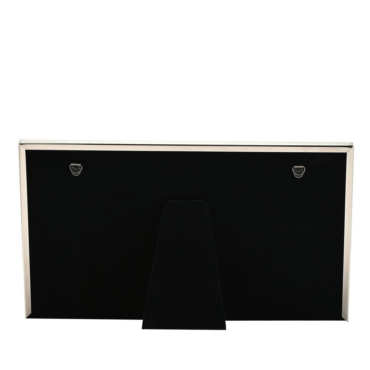 Back view of the Triple Metal Photo Frame 6x4in in silver, showing black velvet backing, two hanging hooks, and a fold-out stand, on a plain white background.