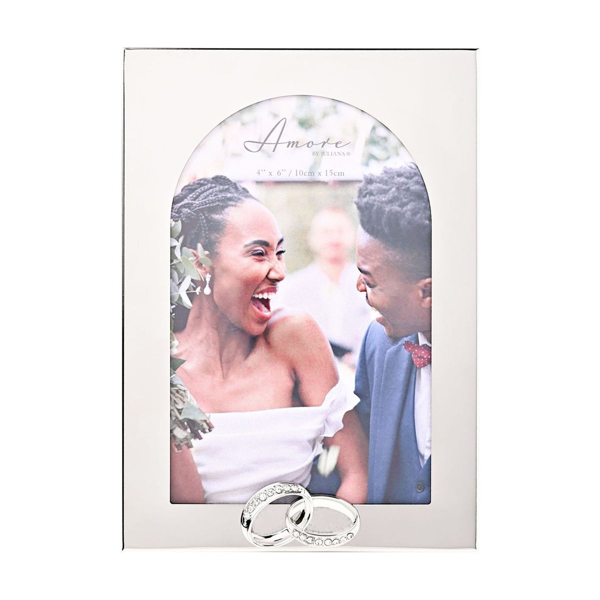 Silver metal photo frame with arched window holding a 6 x 4in portrait photo, rectangular polished border, and two linked rings with sparkling stones at the base.